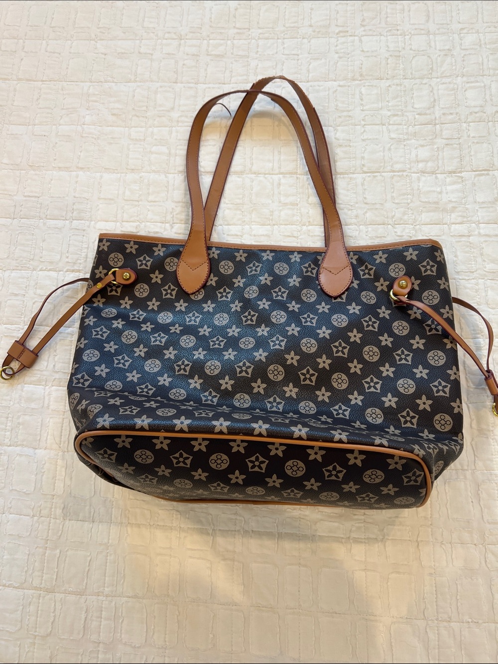 Large Shopper Tote Patterned Brown Vinyl Tote with Tan Handles and gold LV
